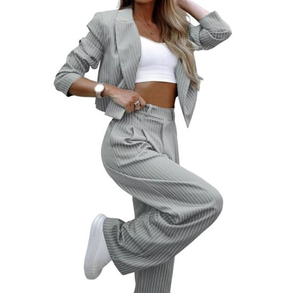 (grey, L) 2 Pcs/Set Women Coat Pants Set OL Commute Formal Style Turn-down Collar Long Sleeve Jacket High Waist Striped Wide Leg Pants Set Lady Business Outfit
