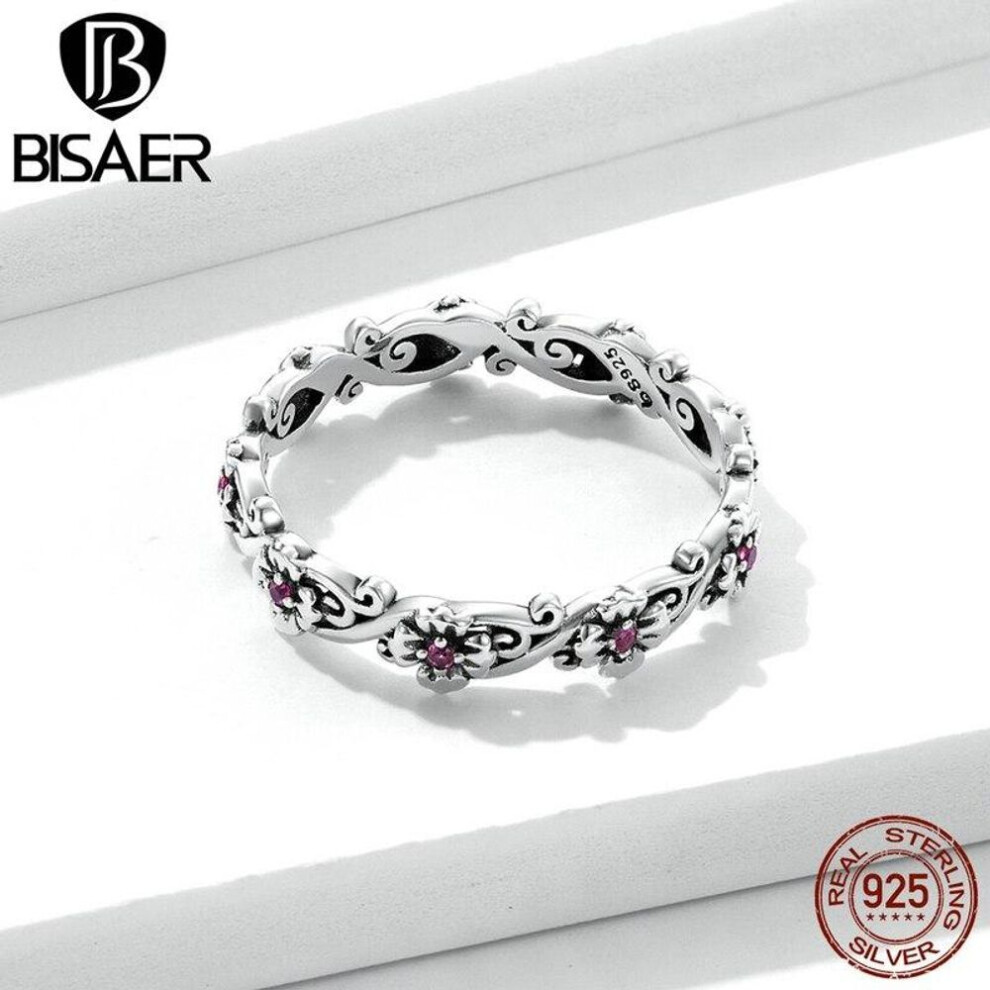 (8) BISAER 925 Sterling Sliver Ring Vintage Hollow Pattern Rose Red Flower Zircon Rings For Women Female Original Jewelry