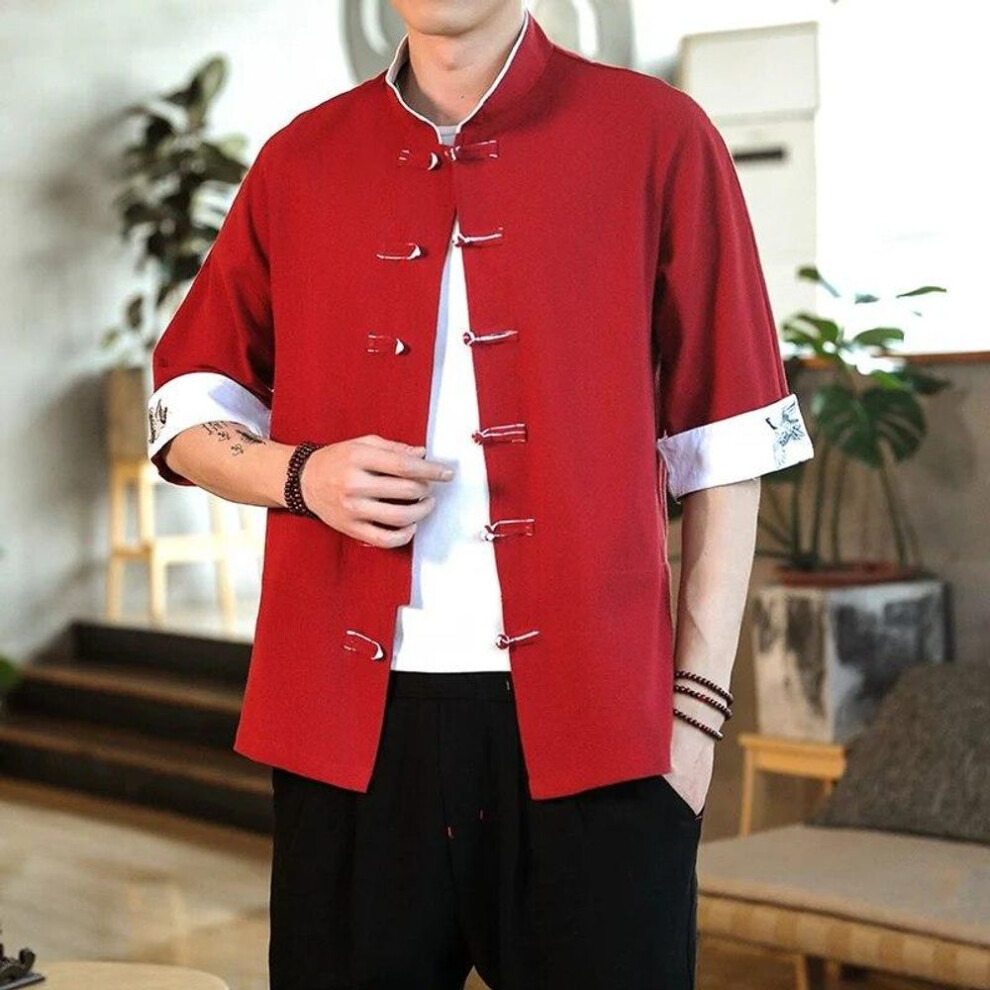 (red, M) Summer Crane Embroidery Top Traditional Chinese Style Mens Vintage Half Sleeve Linen Shirts Collar Kungfu Shirt