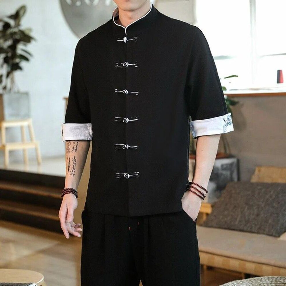 (black, XL) Summer Crane Embroidery Top Traditional Chinese Style Mens Vintage Half Sleeve Linen Shirts Collar Kungfu Shirt