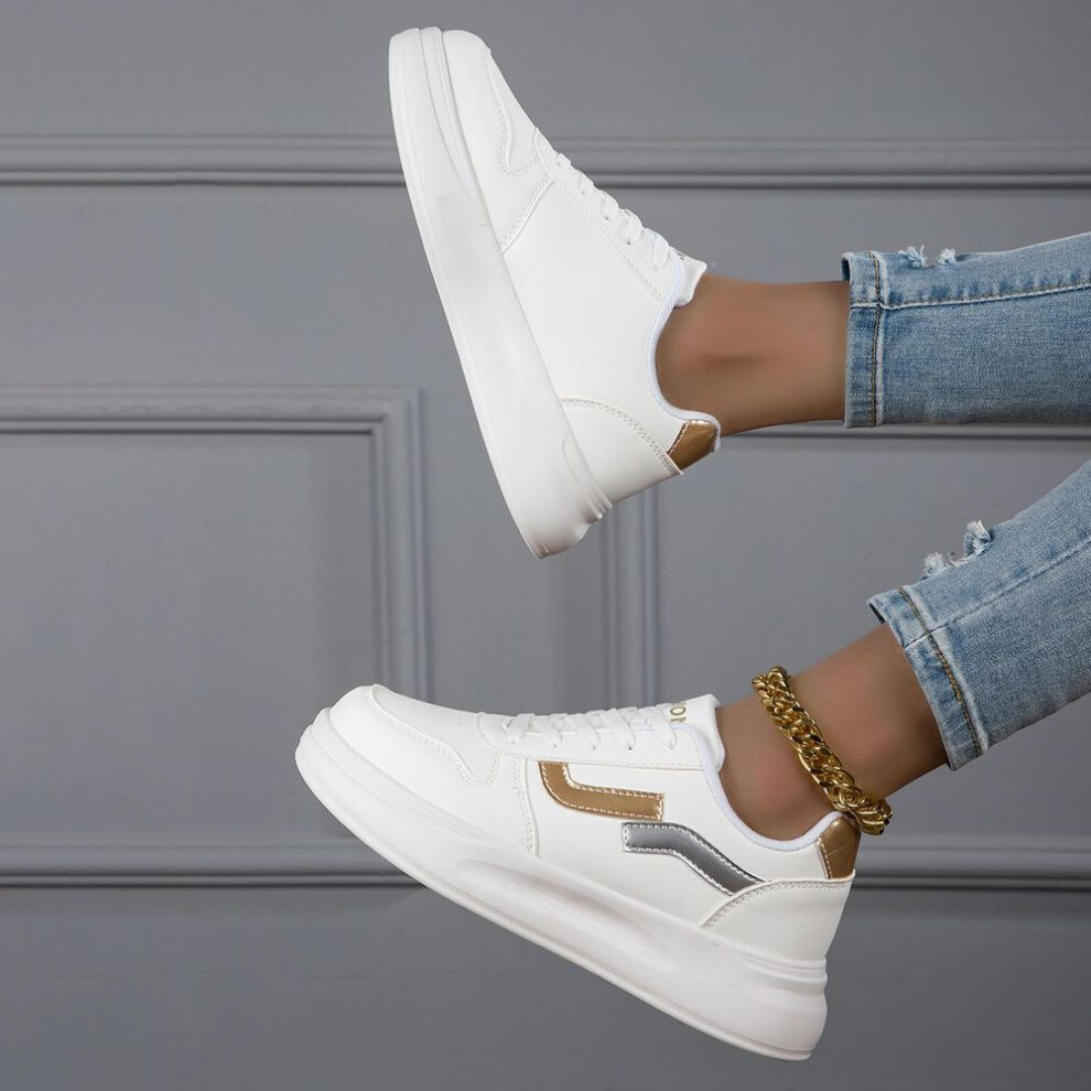 (gold, 37) MCTIN Women White Shoes Women&apos;s PU Leather Sneakers Sports Shoes Flats Plus Size 36-42