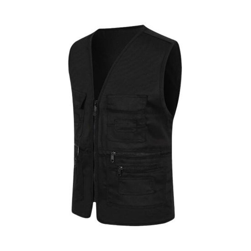 (black, 4XL) Men Summer Cargo Waistcoat V-Neck Sleeveless Multi Pockets Sports Vest Solid Color Zipper Placket Volunteer Safety Vest Coat