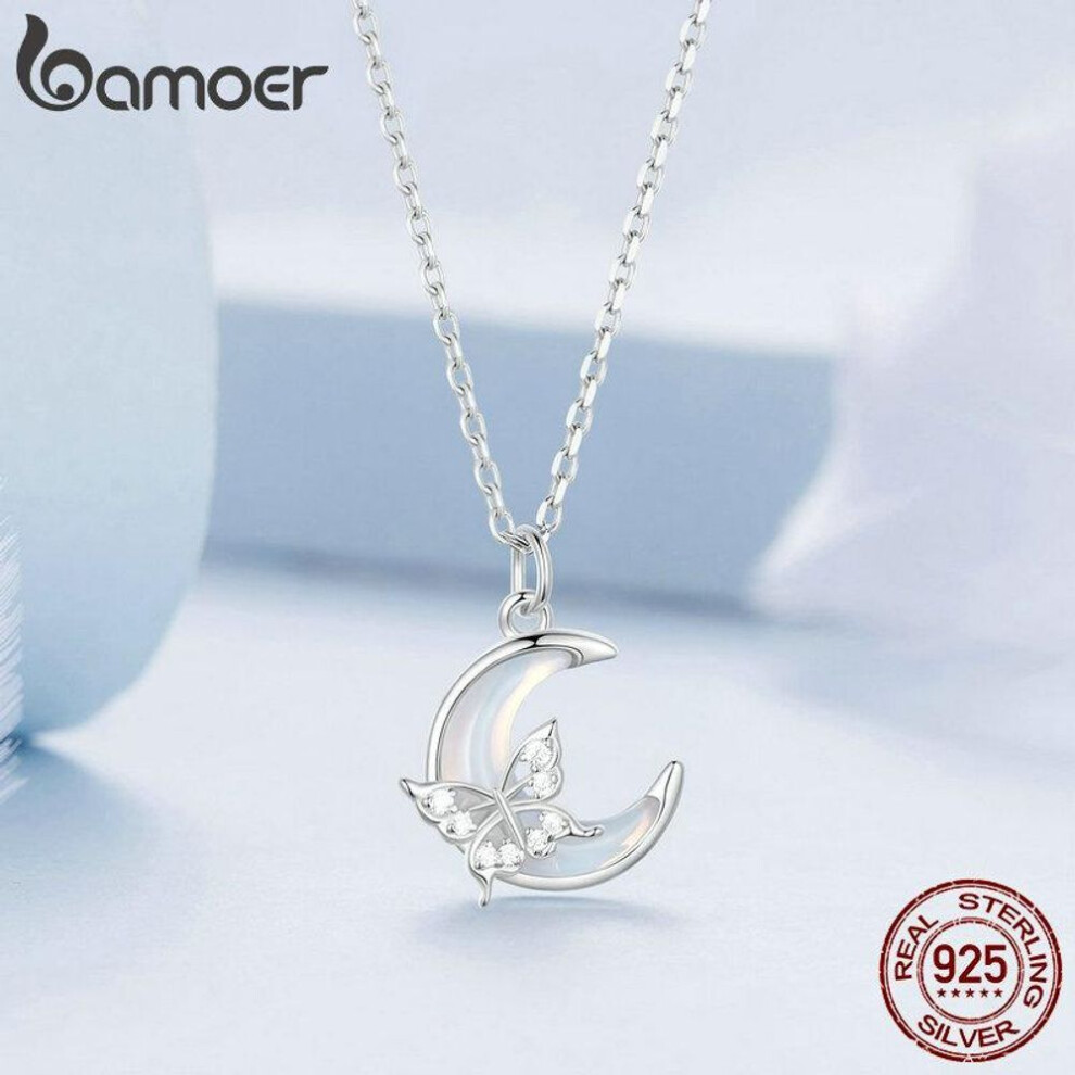 (925 silver) BAMOER 925 Sterling Silver Romantic Moon Pendant Necklace Butterfly Neck Chain Cubic Zirconia for Women Valentine&apos;s Day Gift