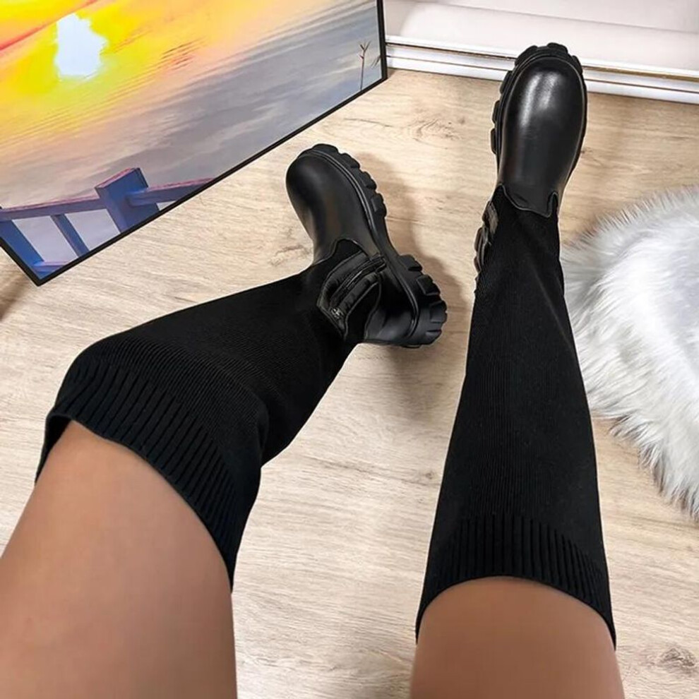 (black, 41) Women Boots 2023 New Knitted Women Shoes Ladies Warm Sexy Zipper Long Sleeve Over Knee Socks Boots Fashion Winter Boots