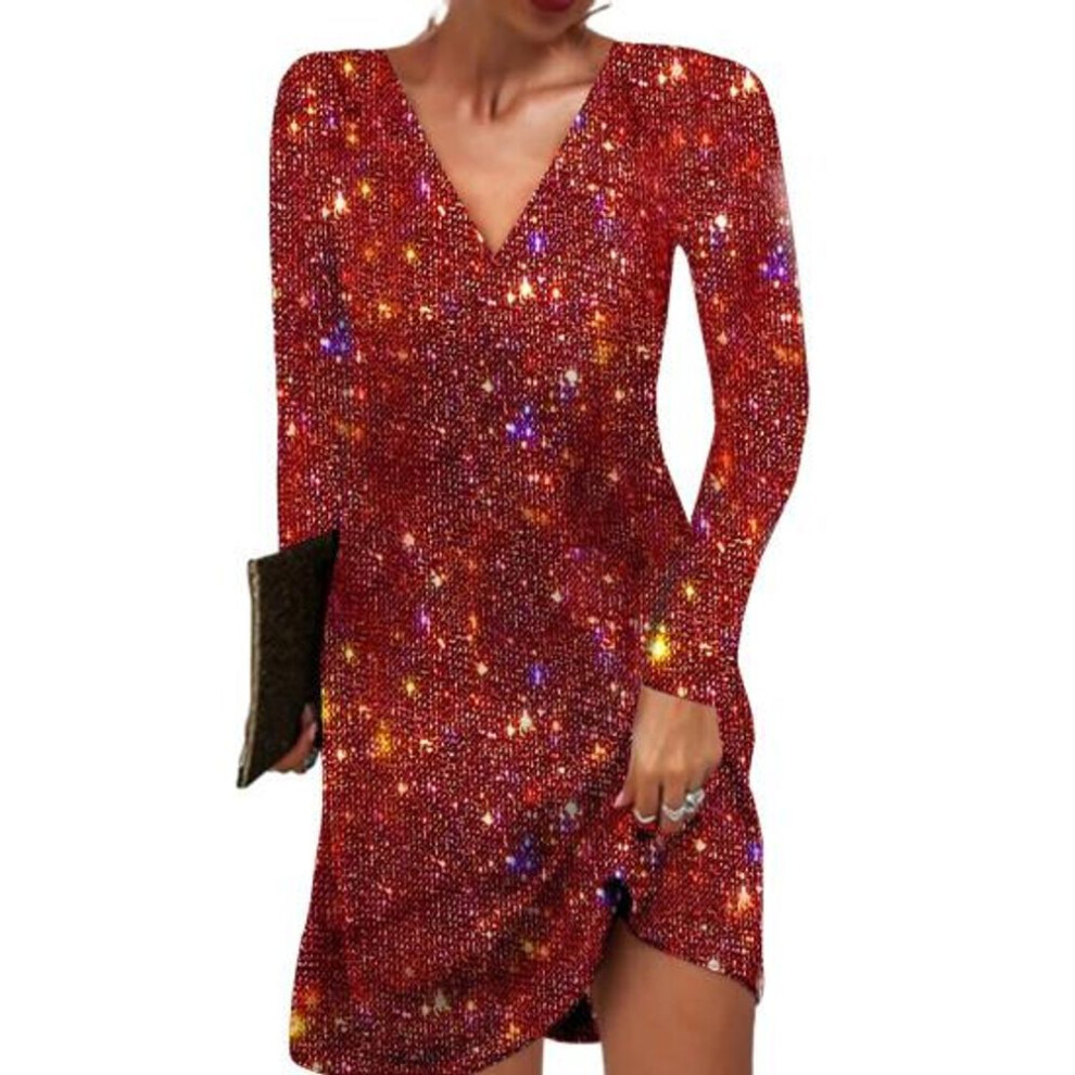 (red, XL) Women Dress V Neck Long Sleeve Shiny Sequin Loose A-line Solid Color Soft Breathable Pullover Elastic Above Knee Length Party Club Mini Dress