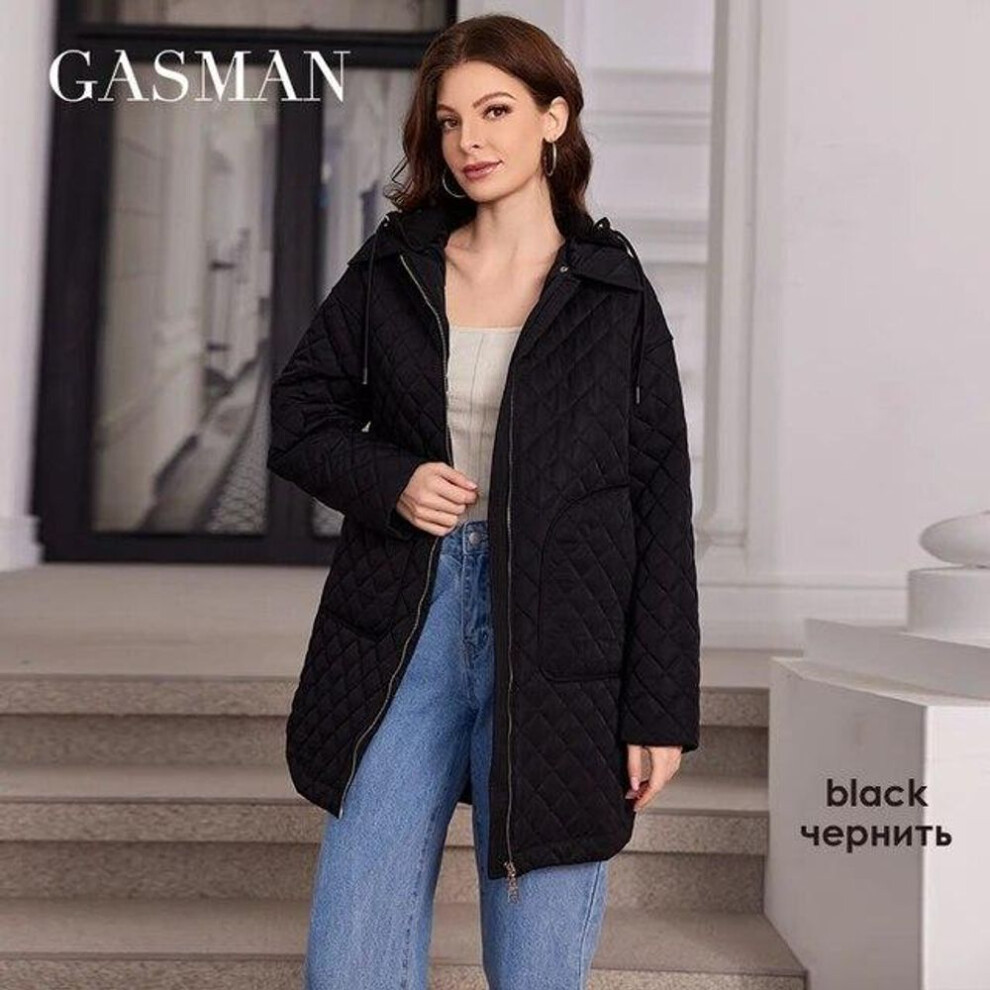 (black, XL) GASMAN 2024 Women Down Jacket Mid-Length Classic Zipper Design Big Pocket Stand Collar Hooded Slim Coats Women Parkas 80363