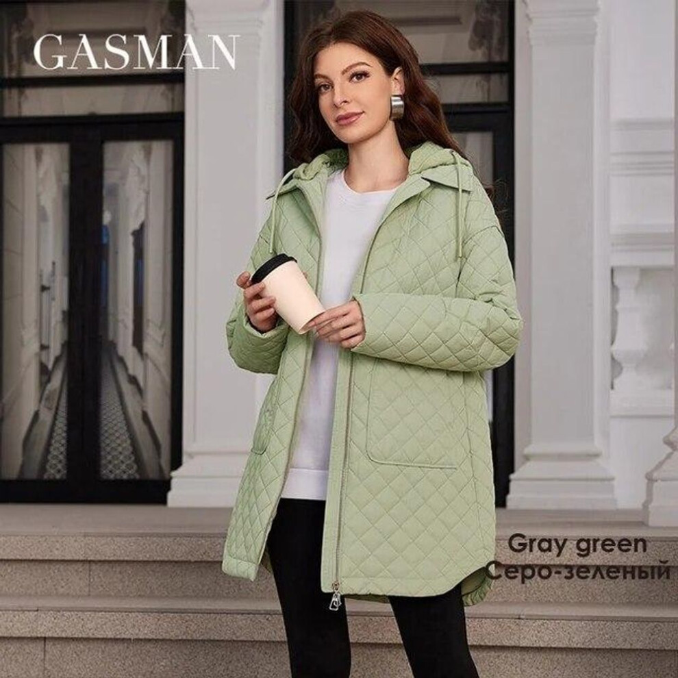 (green, M) GASMAN 2024 Women Down Jacket Mid-Length Classic Zipper Design Big Pocket Stand Collar Hooded Slim Coats Women Parkas 80363