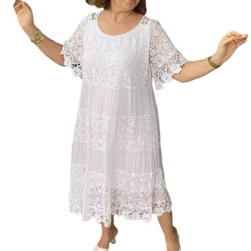 (white, 2XL) Women Dress Lace Patchwork Round Neck Short Sleeves Hollow Out Flower Embroidery Pleated Loose Mid-calf