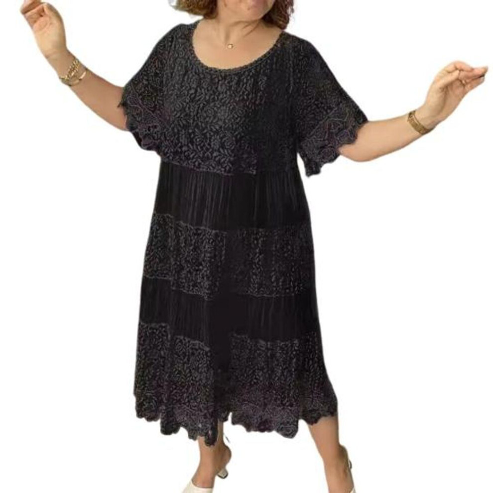 (black, 3XL) Women Dress Lace Patchwork Round Neck Short Sleeves Hollow Out Flower Embroidery Pleated Loose Mid-calf