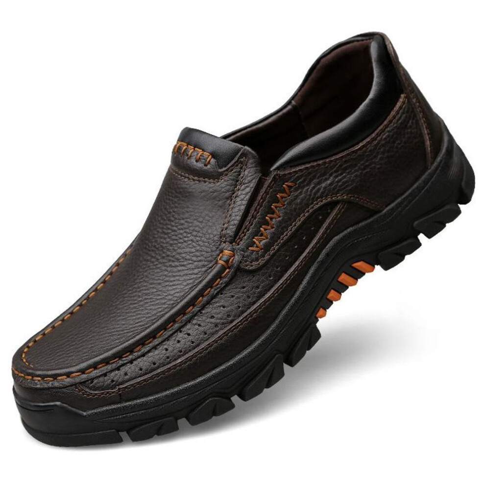 (brown, 39) Men Genuine Cow Leather Waterproof Comfy Non Slip Soft Slip On Casual Oxfords