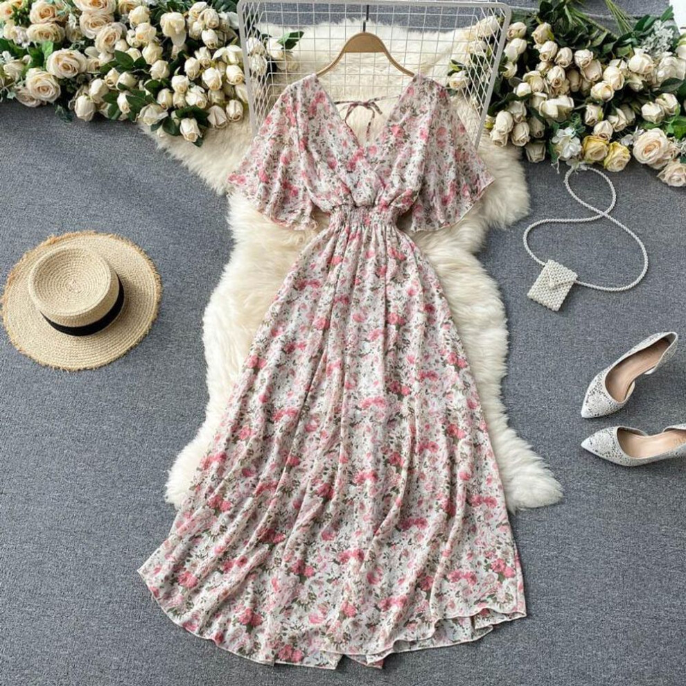 (apricot,pink, one size) Ladies Summer Sexy V-Neck Waist Long Chiffon Floral Beach Dresses