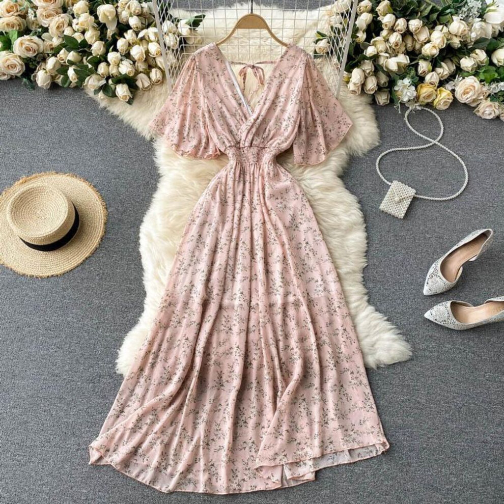 (pink, one size) Ladies Summer Sexy V-Neck Waist Long Chiffon Floral Beach Dresses