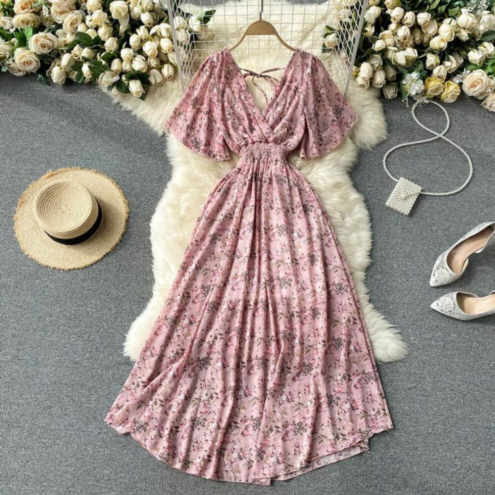 (dark pink, one size) Ladies Summer Sexy V-Neck Waist Long Chiffon Floral Beach Dresses