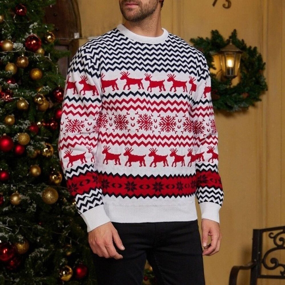 (white, XL) Men&apos;s Fashion Christmas Sweater Top Warm Pullover Round Neck Long Sleeve Sweater