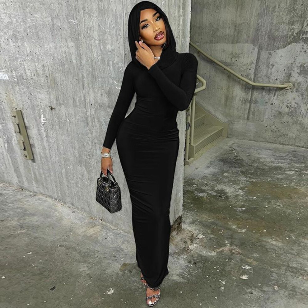 (black, M) Hooded Long Sleeve Bodycon Maxi Dress Fashion Tight Casual T-shirt Dress Autumn Winter Long Dress Black Grey
