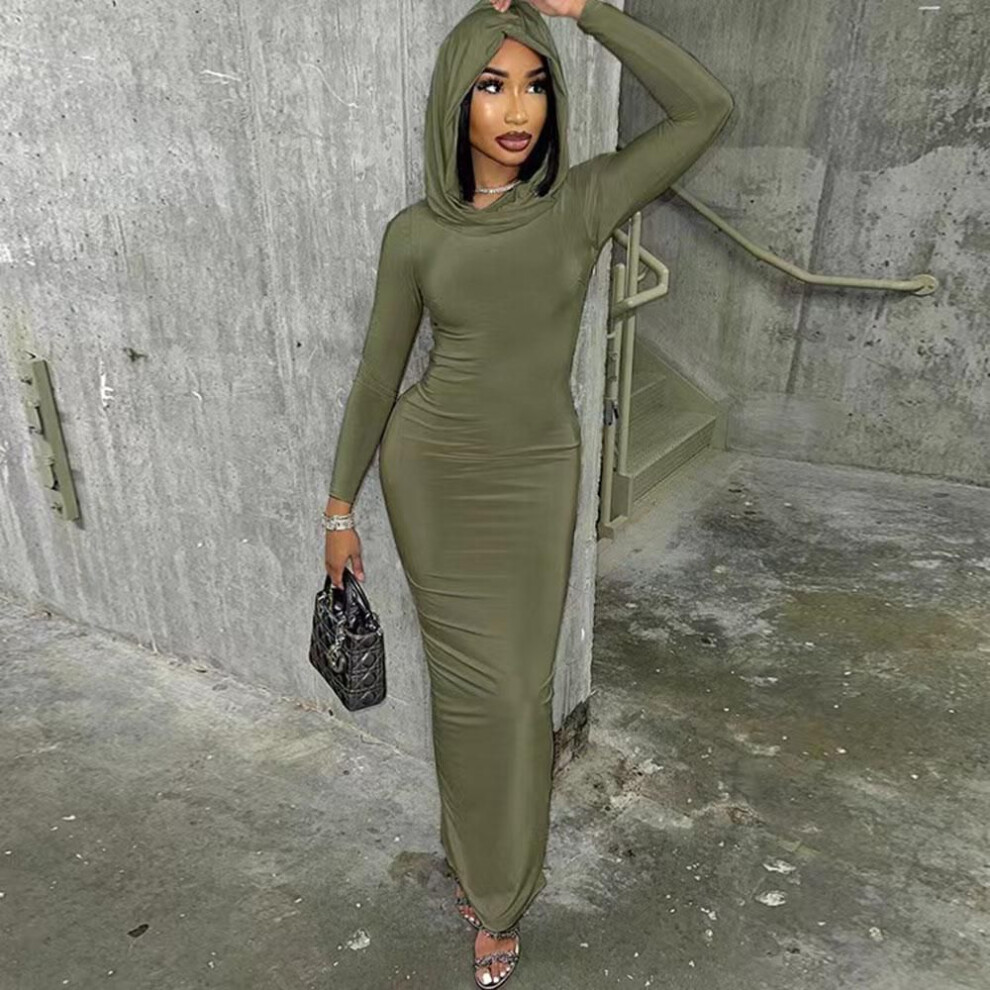 (green, M) Hooded Long Sleeve Bodycon Maxi Dress Fashion Tight Casual T-shirt Dress Autumn Winter Long Dress Black Grey