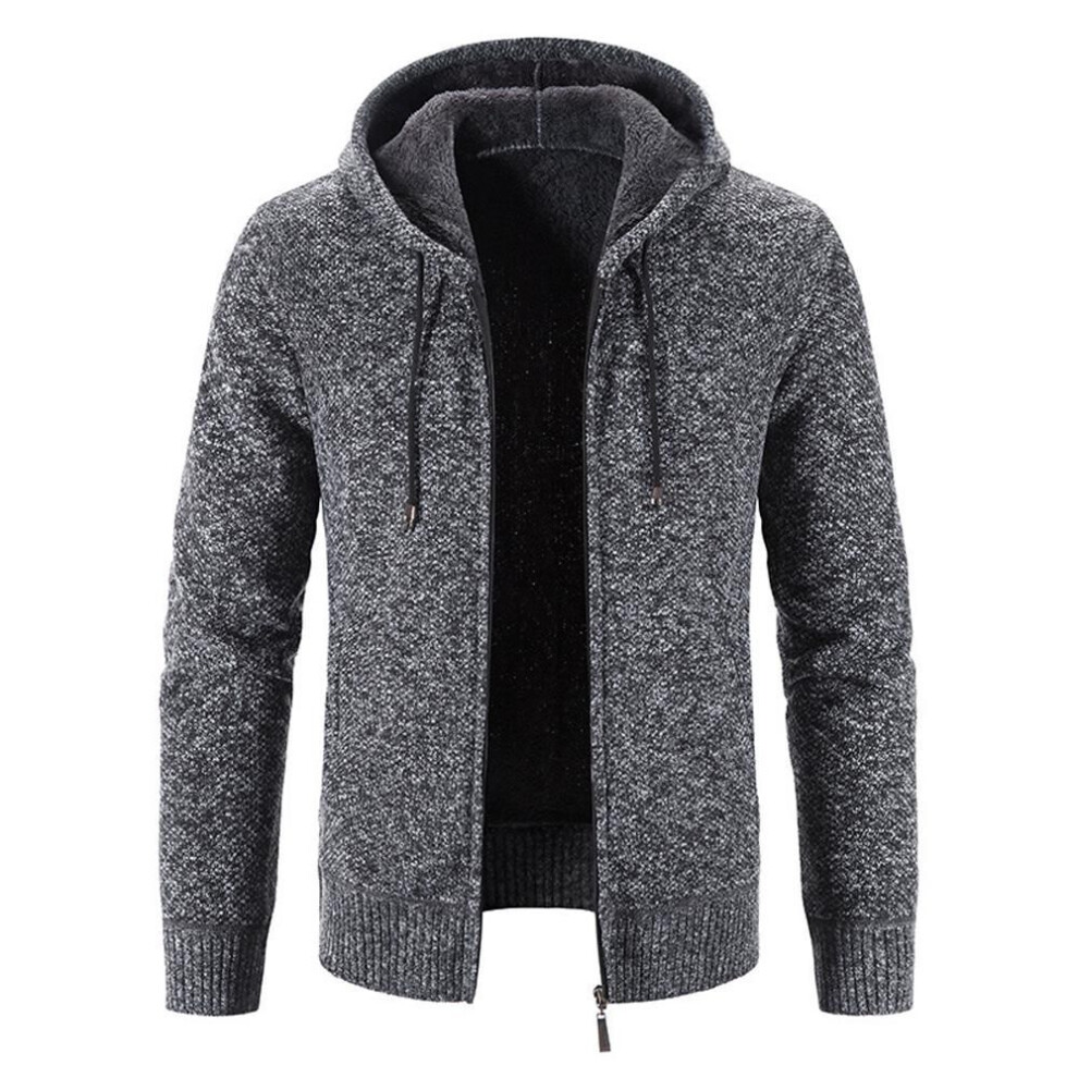 (dark grey, 2XL) Mens Knit Sweater Coat Hooded Jumper Cardigan Fleece Fur Lined Zip Hoodie Jacket