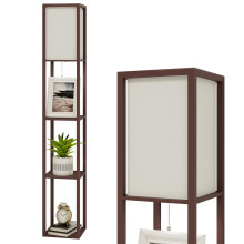 (Brown) 3-Tier LED Floor Lamp Wooden Shelf with Storage