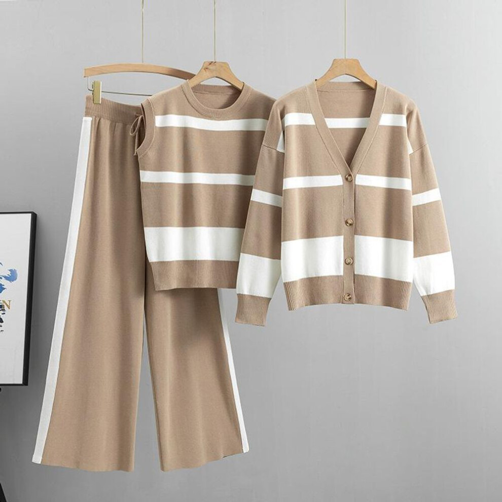 (khaki, One Size) Autumn and Winter Women&apos;s Knitted Suit Wide-legged Pants Suit Fashion Loose Leisure Ageing Three-piece Tide