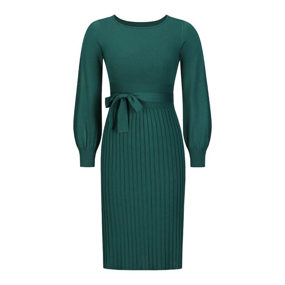 (dark green, M) Fall Winter Slim Fit Pleated Bottoming Sweater O Neck Lace Up High Waist Knitted Dress S-XXL