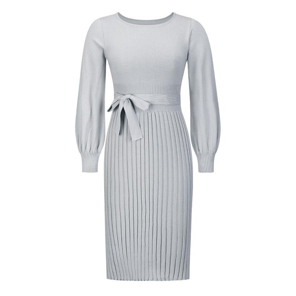 (gray, M) Fall Winter Slim Fit Pleated Bottoming Sweater O Neck Lace Up High Waist Knitted Dress S-XXL