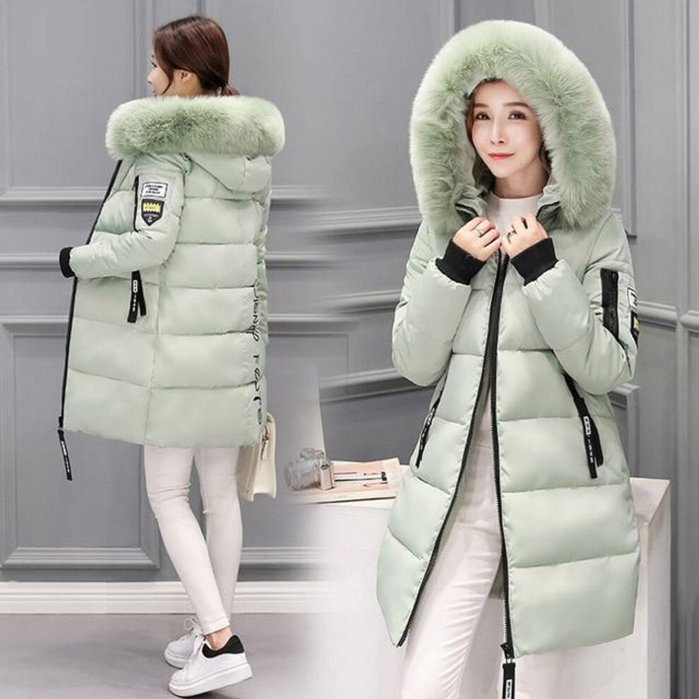 (light green, L) Winter Down Cotton Jacket Women Long Coat Parkas Thickening Female Warm Clothes Rabbit Fur Collar High Quality Jacket
