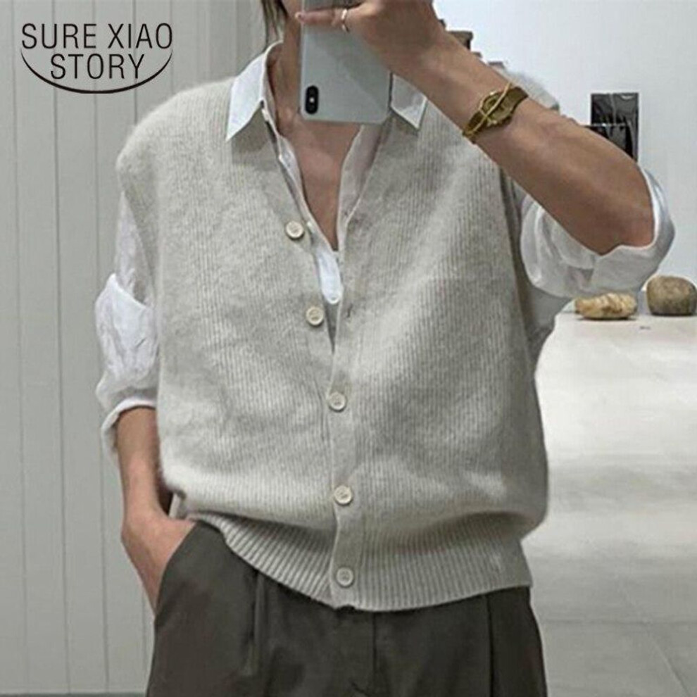 (white, One Size) Women Cardigan Sweater Vest Loose Autumn And Winter Wool Knitted Vest Sweater For Women Loose Solid Sleeveless Sweaters 16348