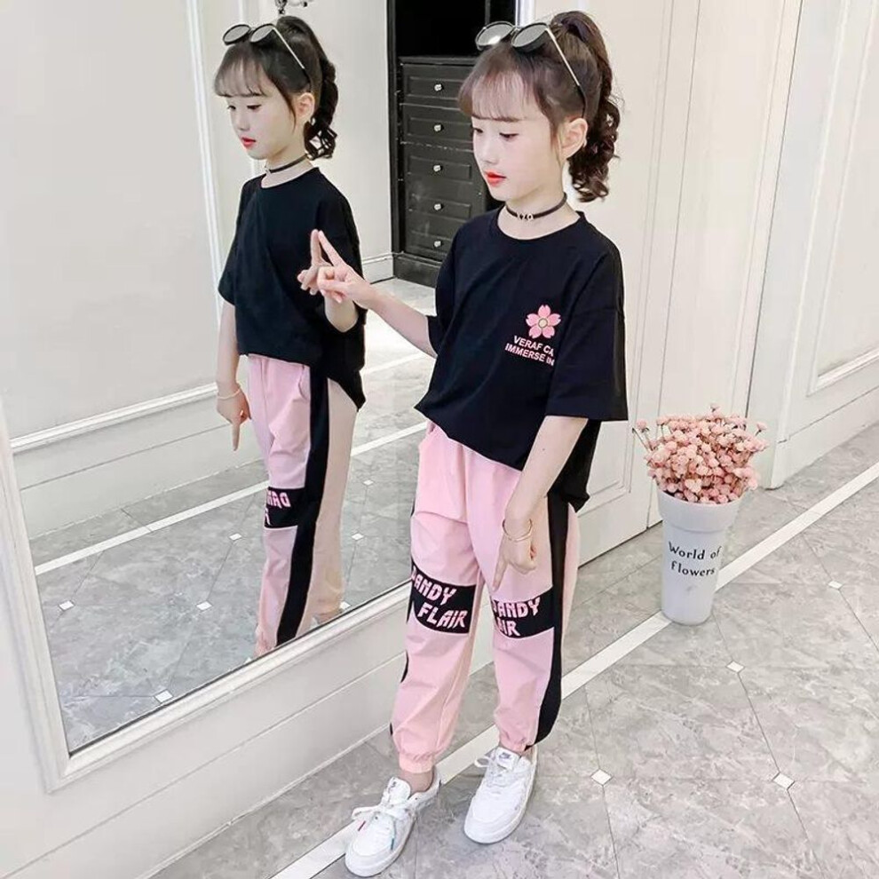 (pink, 110) Girls Clothes Child Sports Suit Teen Tracksuit Loose Flower T Shirt Tops + Ankle-tied Pants Striped 10 11 12 14 15 Years