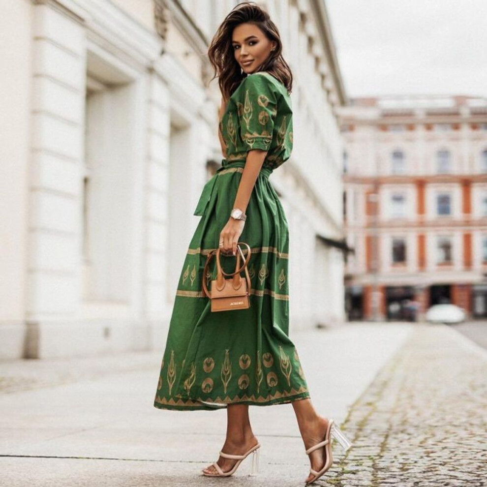 (green, L) HI-FASHION Retro Shirt Dress Women Casual Half Sleeve Loose Maxi Dress Elegant Button Belt High Waist Long Beach Party Dress