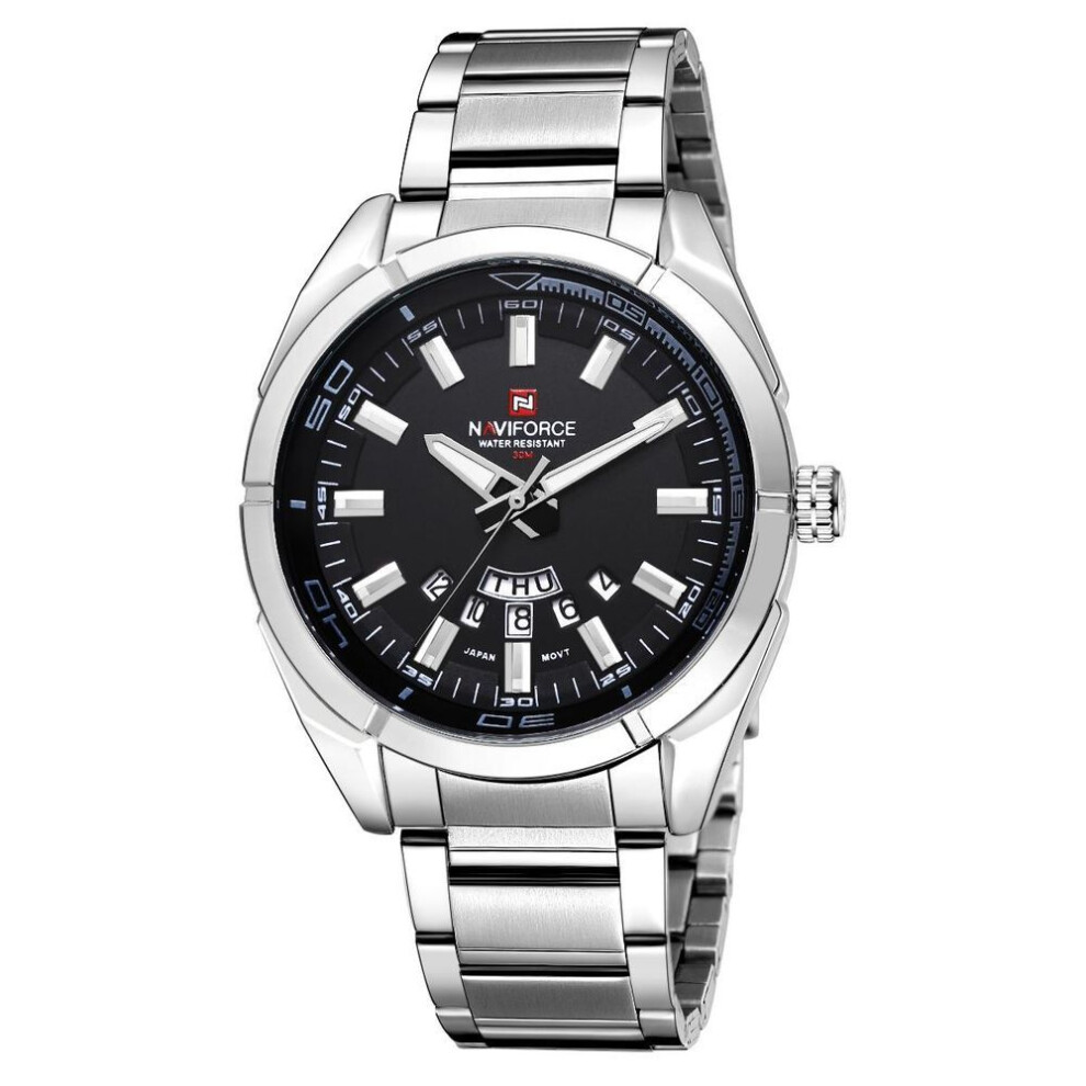 (Silver And Black) Naviforce Business Casual Fashion Waterproof Full Steel Quartz Watches for Men