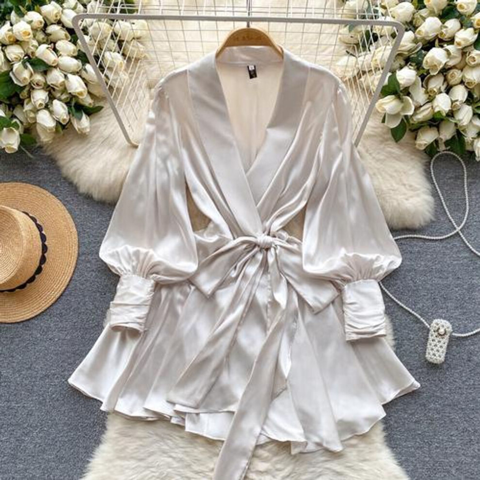 (apricot, XL) V Neck Puff Sleeve Satin Lace-up Solid Color Dresses for Women French Chic Pleated Dress Spring Women Dresses
