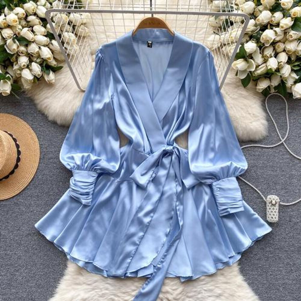 (blue, M) V Neck Puff Sleeve Satin Lace-up Solid Color Dresses for Women French Chic Pleated Dress Spring Women Dresses