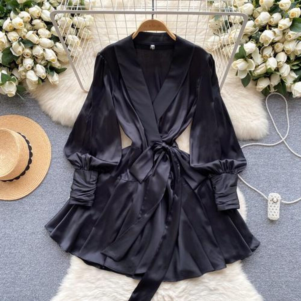 (black, S) V Neck Puff Sleeve Satin Lace-up Solid Color Dresses for Women French Chic Pleated Dress Spring Women Dresses