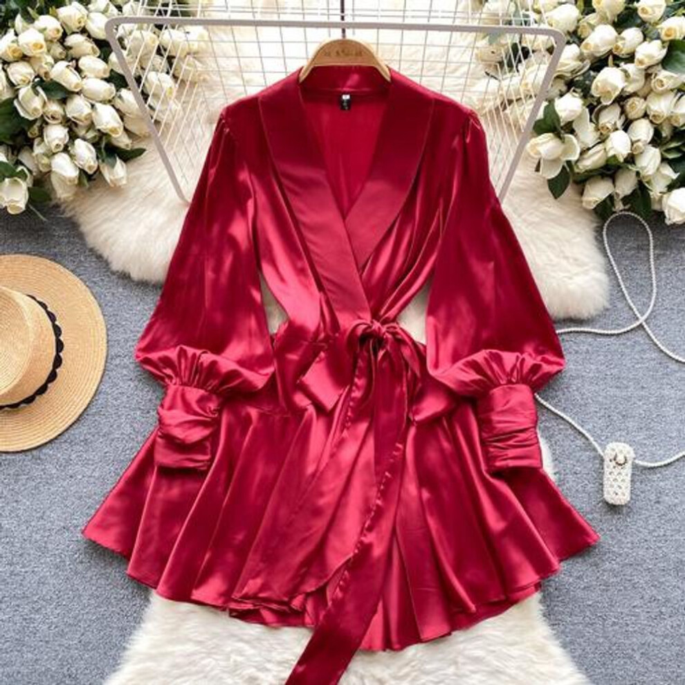 (red, XXL) V Neck Puff Sleeve Satin Lace-up Solid Color Dresses for Women French Chic Pleated Dress Spring Women Dresses