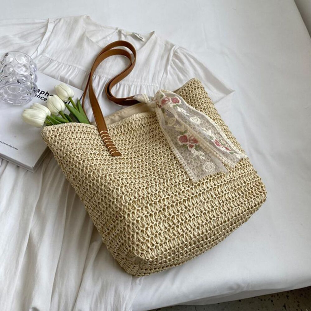 (beige, Add Scarf) Yogodlns Summer Woven Women Bag Large Capacity Rattan Shoulder Bag Vacation Seaside Beach Bag Casual Shopper Tote