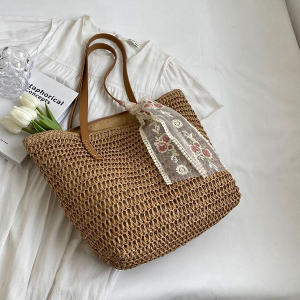 (khaki, Add Scarf) Yogodlns Summer Woven Women Bag Large Capacity Rattan Shoulder Bag Vacation Seaside Beach Bag Casual Shopper Tote