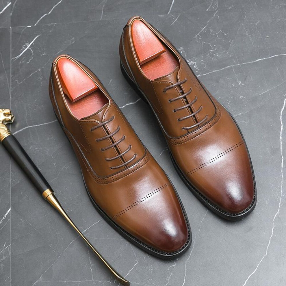 (brown, 38) New Men&apos;s Dress Leather Shoes Luxury Fashion Groom Wedding Shoes Men England Style Derby Shoes Plus Size 38-46