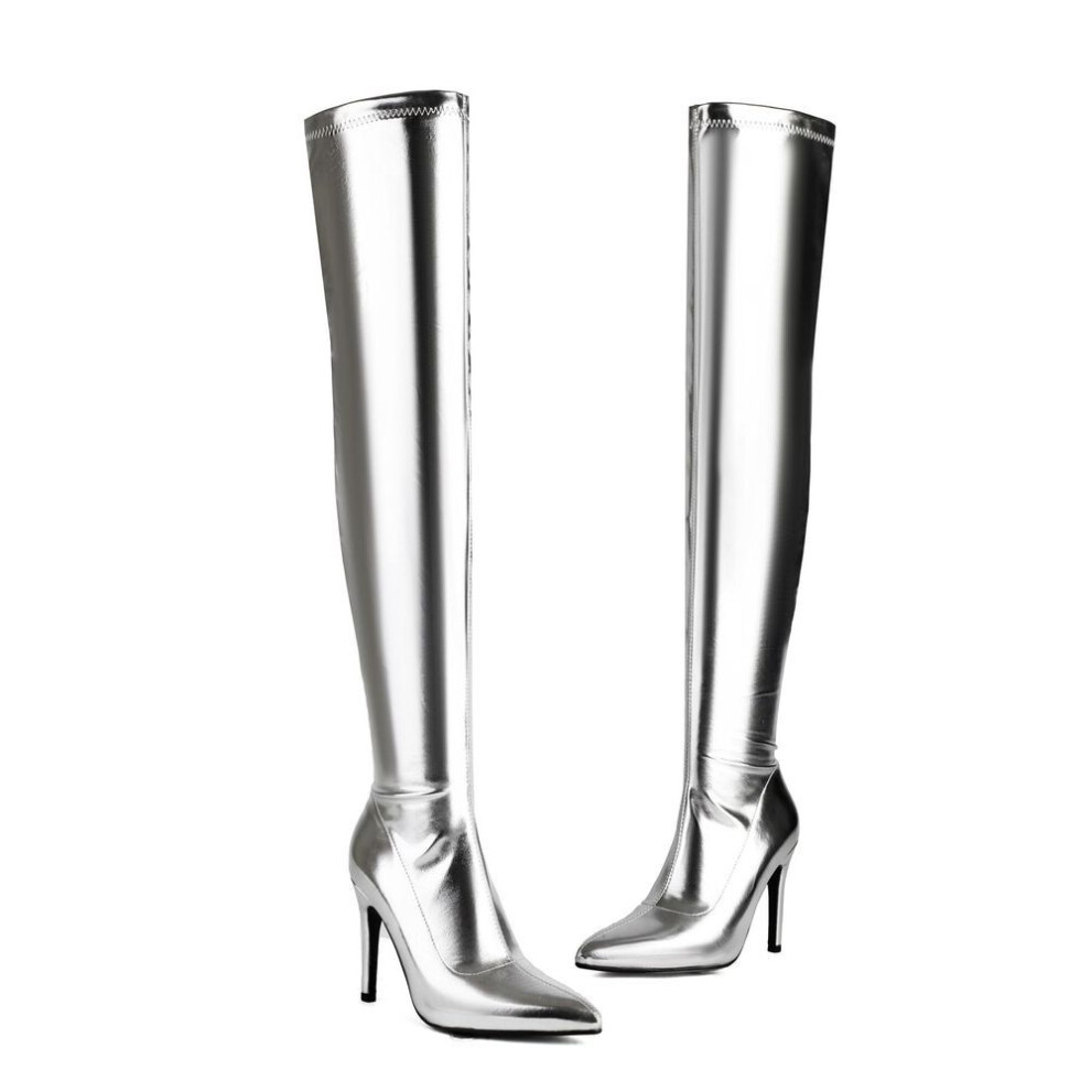 (silver, 47) Krazing Pot PU Autumn Winter Shoes Stiletto High Heels Super Size Sexy Stovepipe Boots Pointed Toe Keep Warm Slip on Over-the-knee Boots
