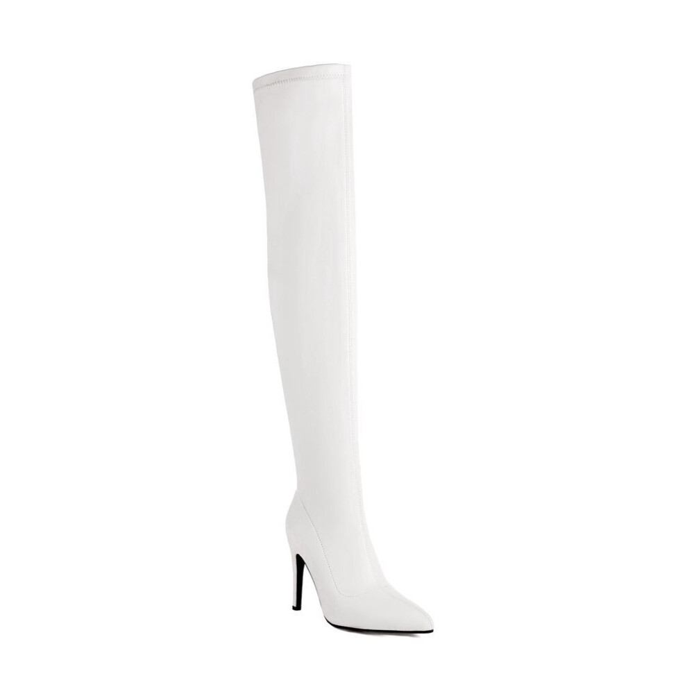 (white, 39) Krazing Pot PU Autumn Winter Shoes Stiletto High Heels Super Size Sexy Stovepipe Boots Pointed Toe Keep Warm Slip on Over-the-knee Boots
