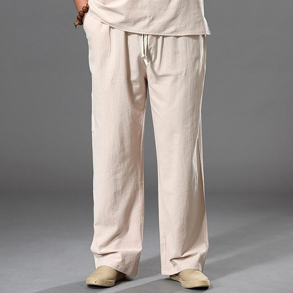 (beige, M) Pants Large Size Summer Men's Cotton Tall Big Sizes Wide Leg Linen Pant Oversized Jogger Trousers Male Plus Size Loose Pants Men