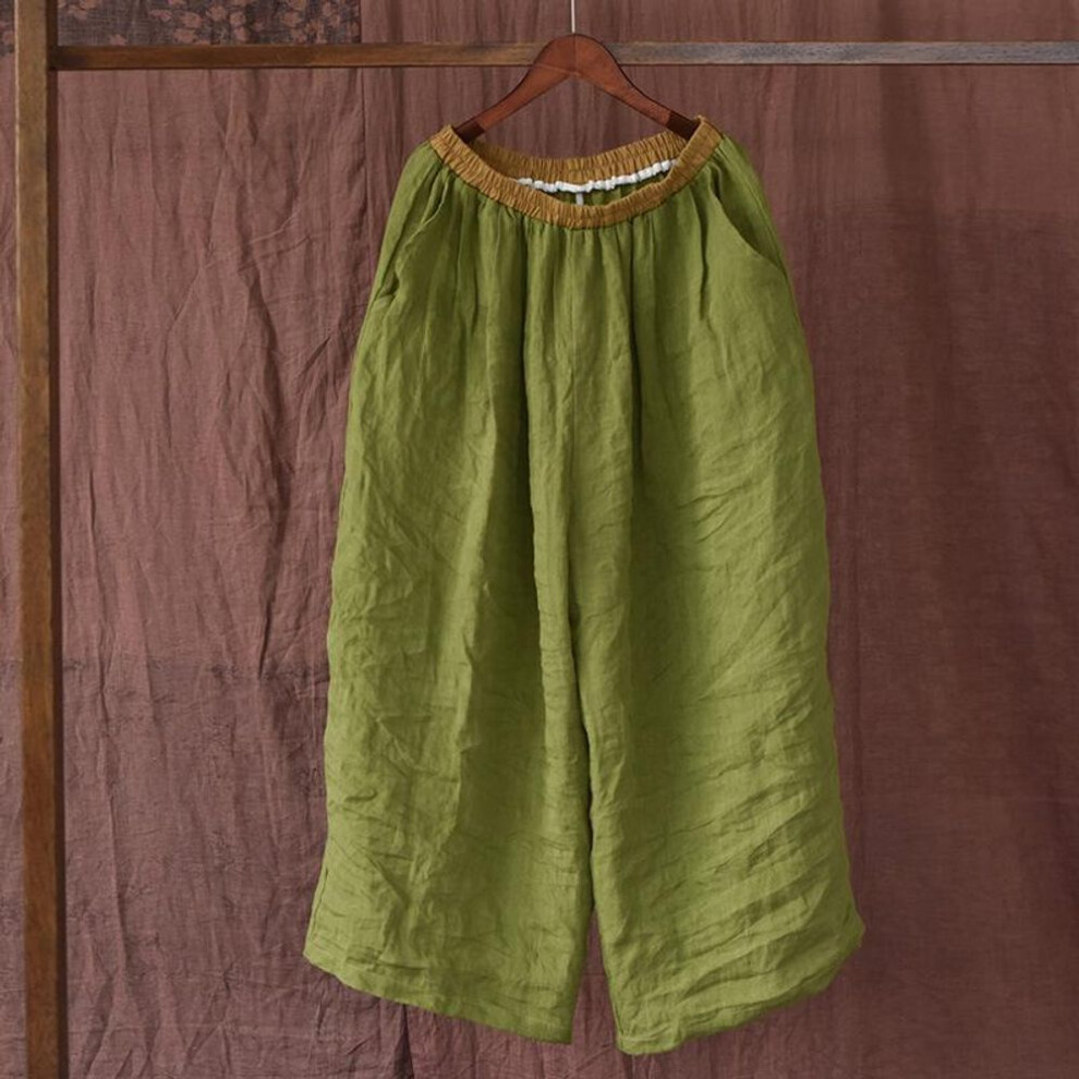 (light green, One Size) Johnature Women Linen Vintage Wide Leg Pants Elastic Waist Solid Color Trouser Spring Loose Pockets Women Long Pants
