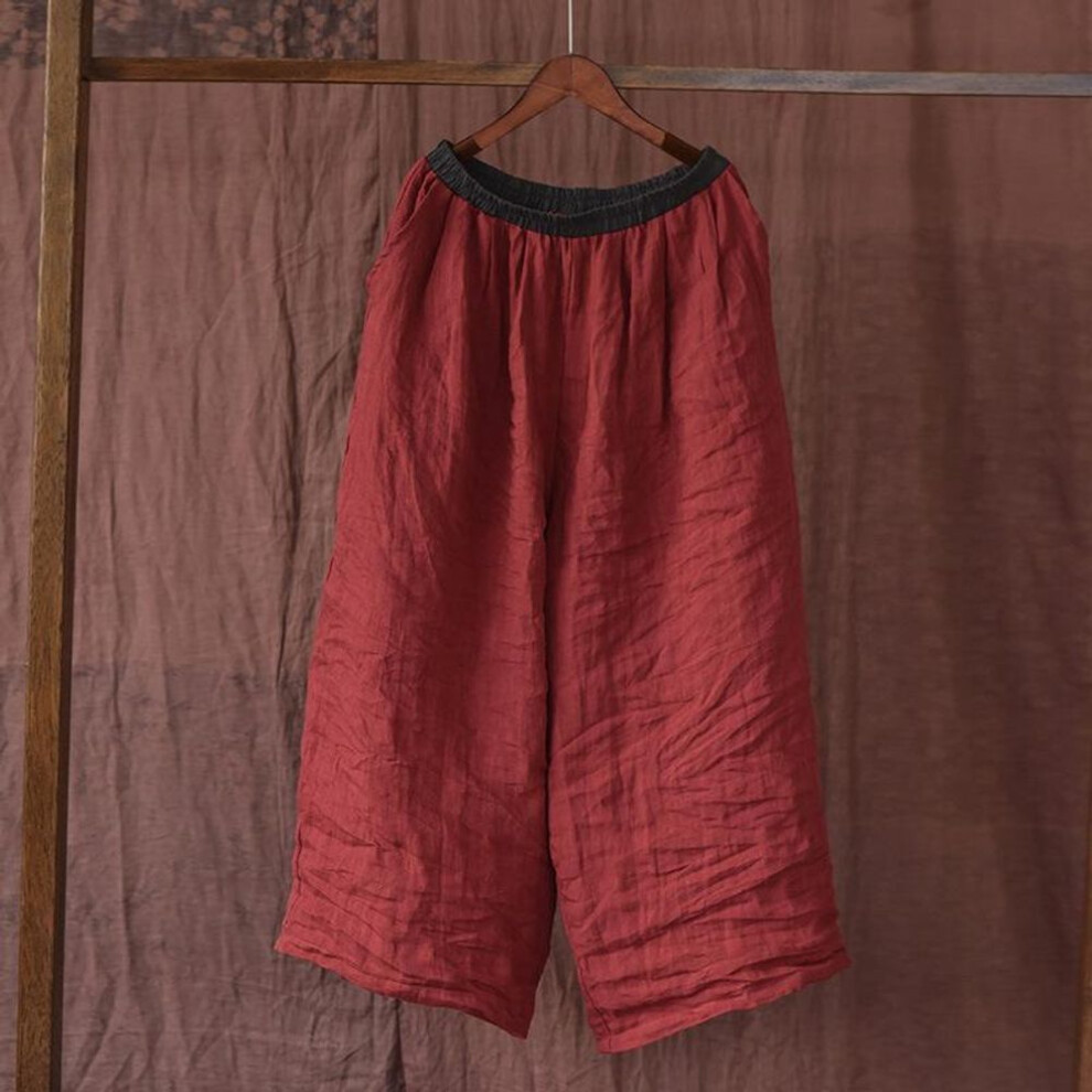 (dark red, One Size) Johnature Women Linen Vintage Wide Leg Pants Elastic Waist Solid Color Trouser Spring Loose Pockets Women Long Pants