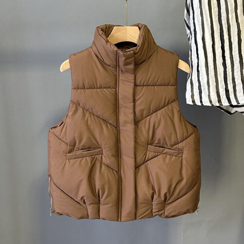 (brown, M) Autumn Winter Vest Stand Collar Sleeveless Cotton Jacket Coat