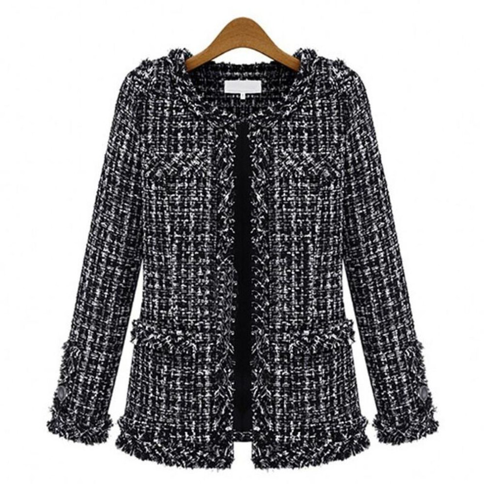 (black, L) MAITA New Women&apos;s Jacket Black and White Check Tweed Plus Size