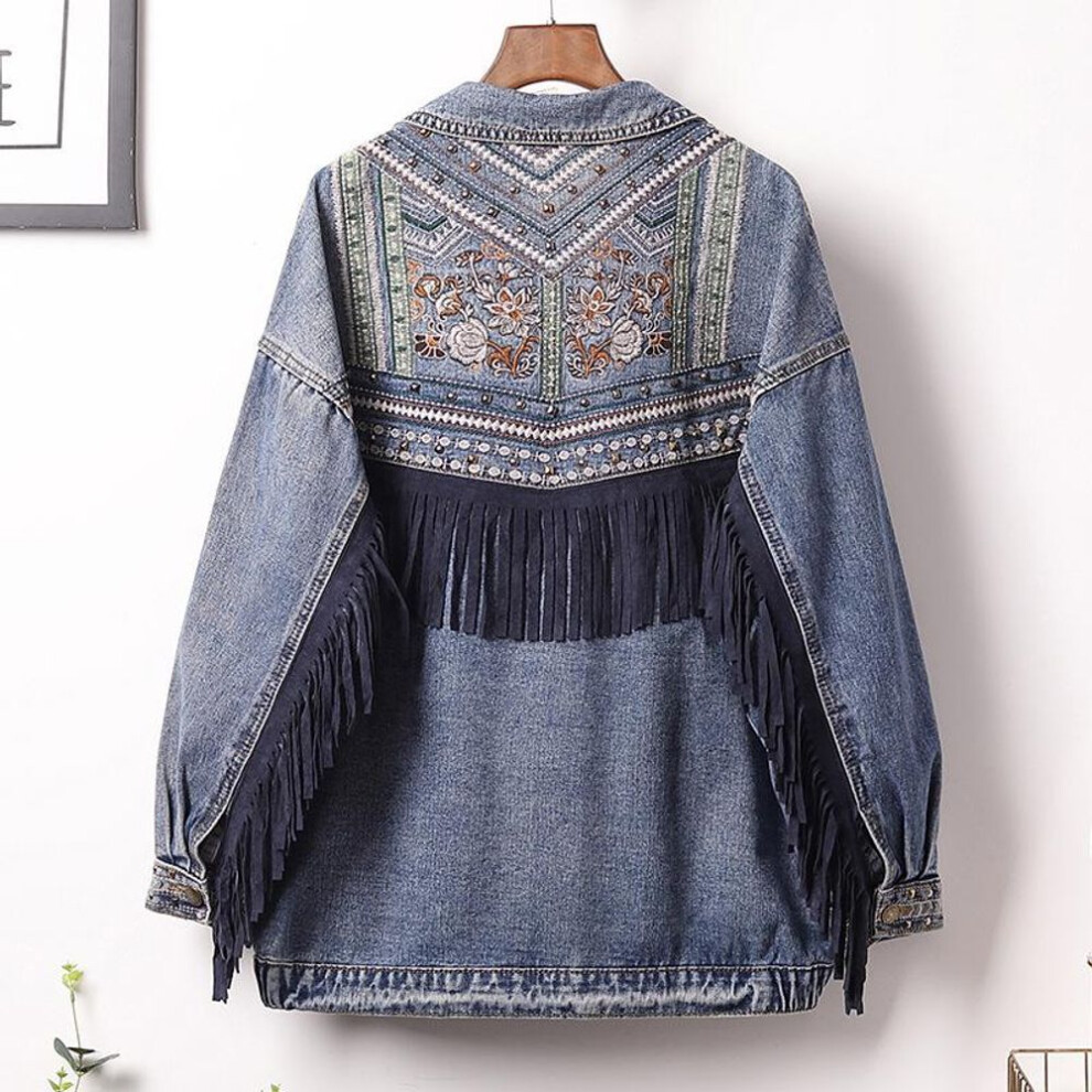 (blue, 3XL) Denim Jacket Korean Floral Embroidery Suede Fringe Loose Coat Long Sleeve Outerwear Women Plus Size