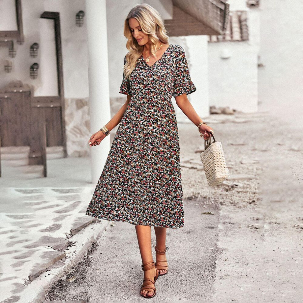 (black, L) V Neck Printed Women Summer Short Sleeve High Waist A Line Floral Holiday Dresses