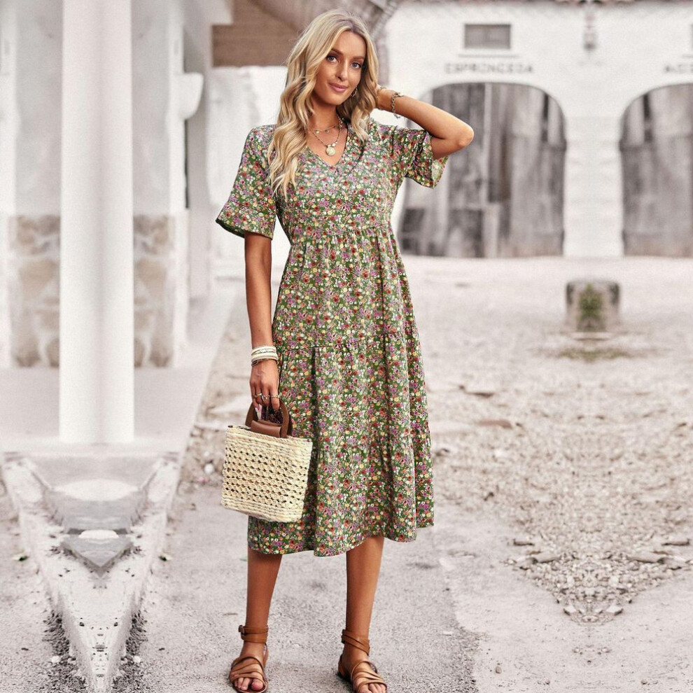 (green, XL) V Neck Printed Women Summer Short Sleeve High Waist A Line Floral Holiday Dresses