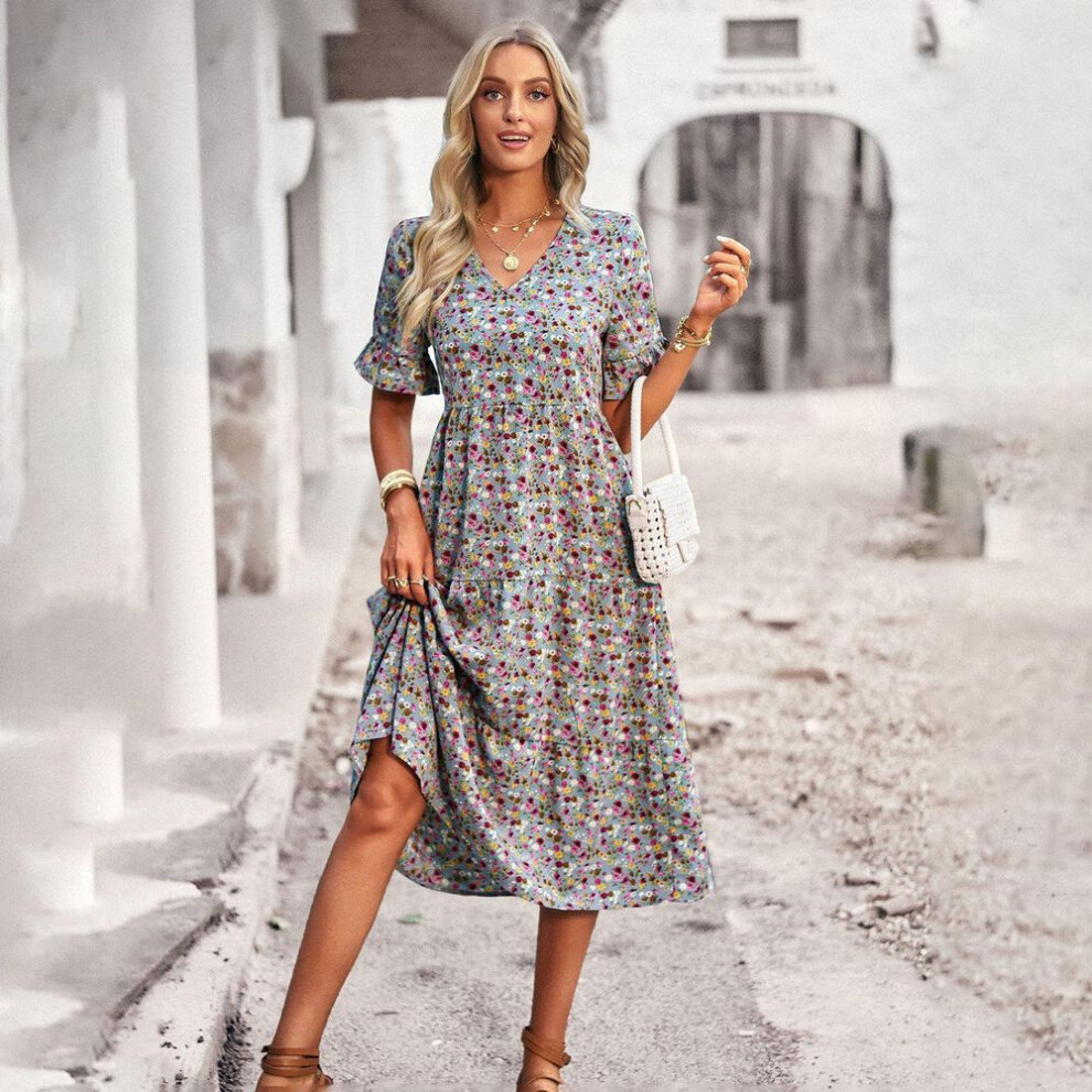 (royal blue, L) V Neck Printed Women Summer Short Sleeve High Waist A Line Floral Holiday Dresses