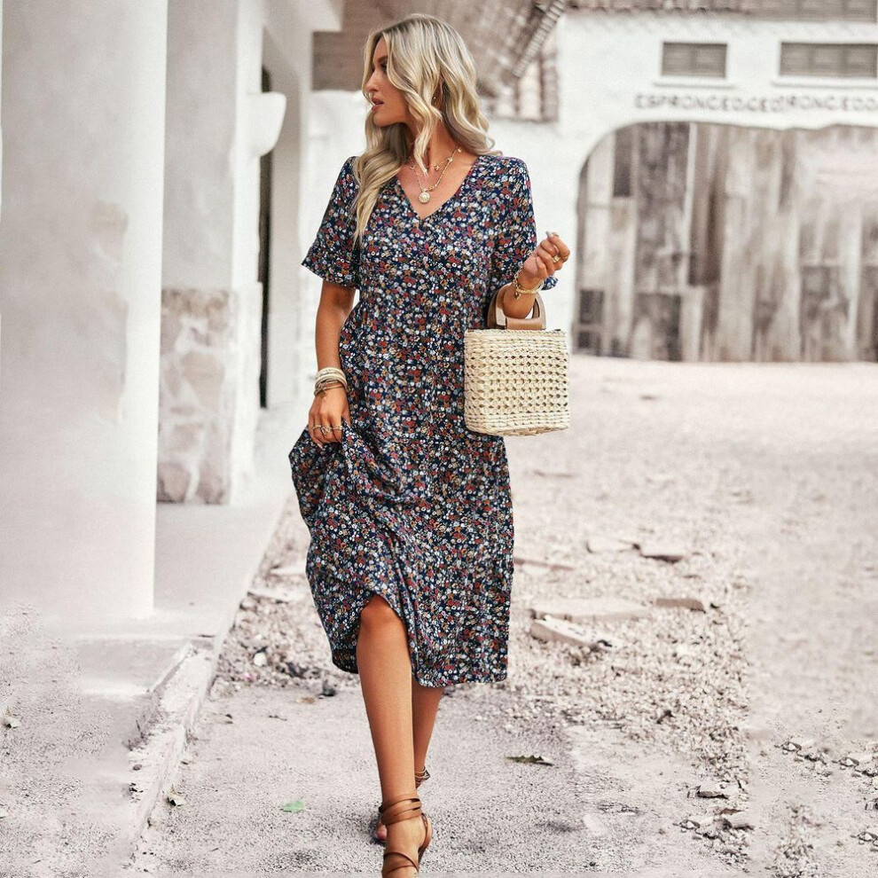 (blue, XXXL) V Neck Printed Women Summer Short Sleeve High Waist A Line Floral Holiday Dresses