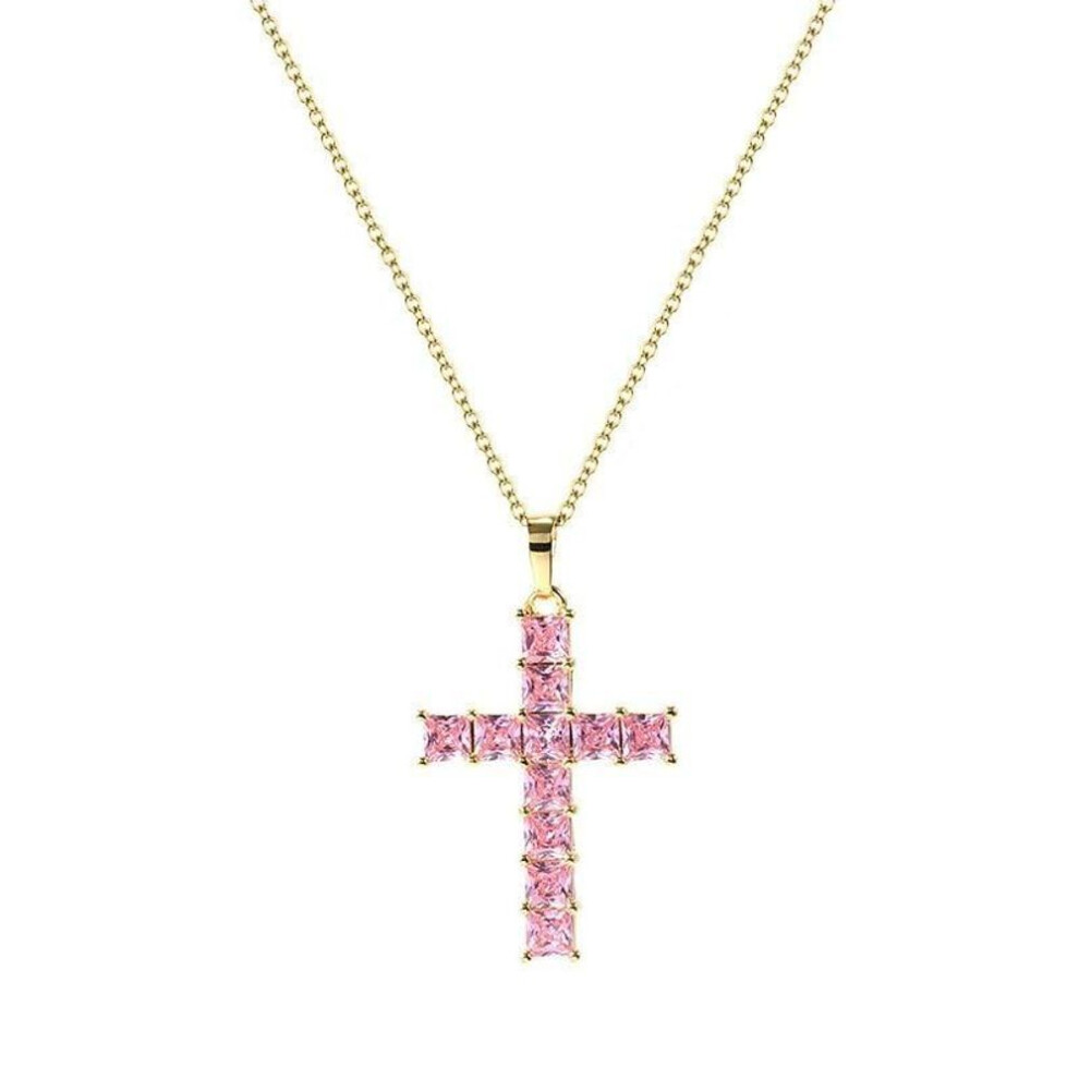 (Gold,Pink) Trendy Classic Unisex Cross Necklace Dropshipping Gold Multi Color Crystal Jesus Cross Pendant for Women Gifts